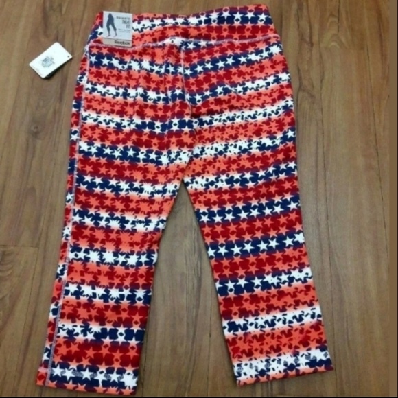 Reebok Capri Yoga Leggings Red White Blue Stars - Picture 5 of 8